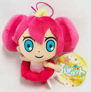 Pink Smooooch plush mascot with blue eyes and twin pigtails, shown front with an attached round tag.