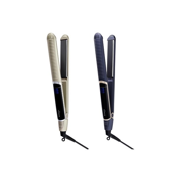 Two hair irons in different colors shown open against a white background.