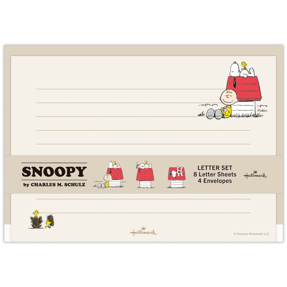 Flat-laid Snoopy letter set showing lined letter sheets and envelopes with Snoopy on a red doghouse and Charlie Brown, and a band reading "LETTER SET 8 Letter Sheets 4 Envelopes".