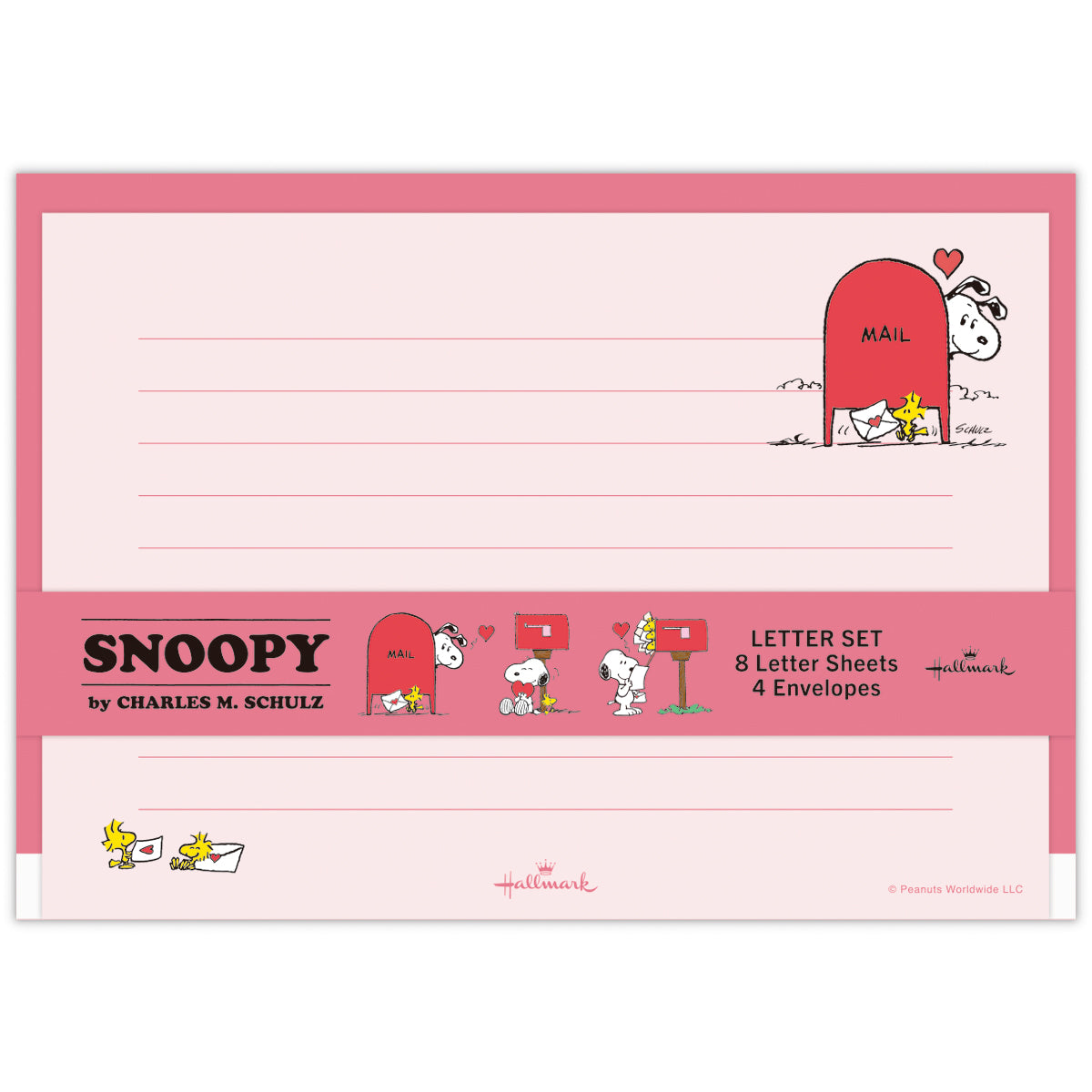Pink Snoopy letter sheet and matching envelope showing lined writing paper and Snoopy with Woodstock next to a red mailbox.