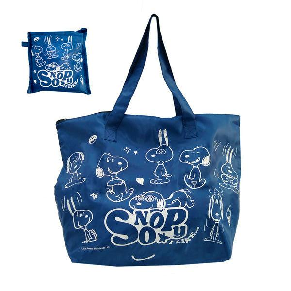 Blue Snoopy large foldable zip tote bag with white character print shown open and a small inset image of the bag folded into its zip pouch.