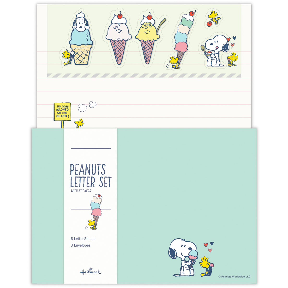 Snoopy-themed letter set showing a printed writing sheet and a mint-green envelope featuring Snoopy and Woodstock illustrations.