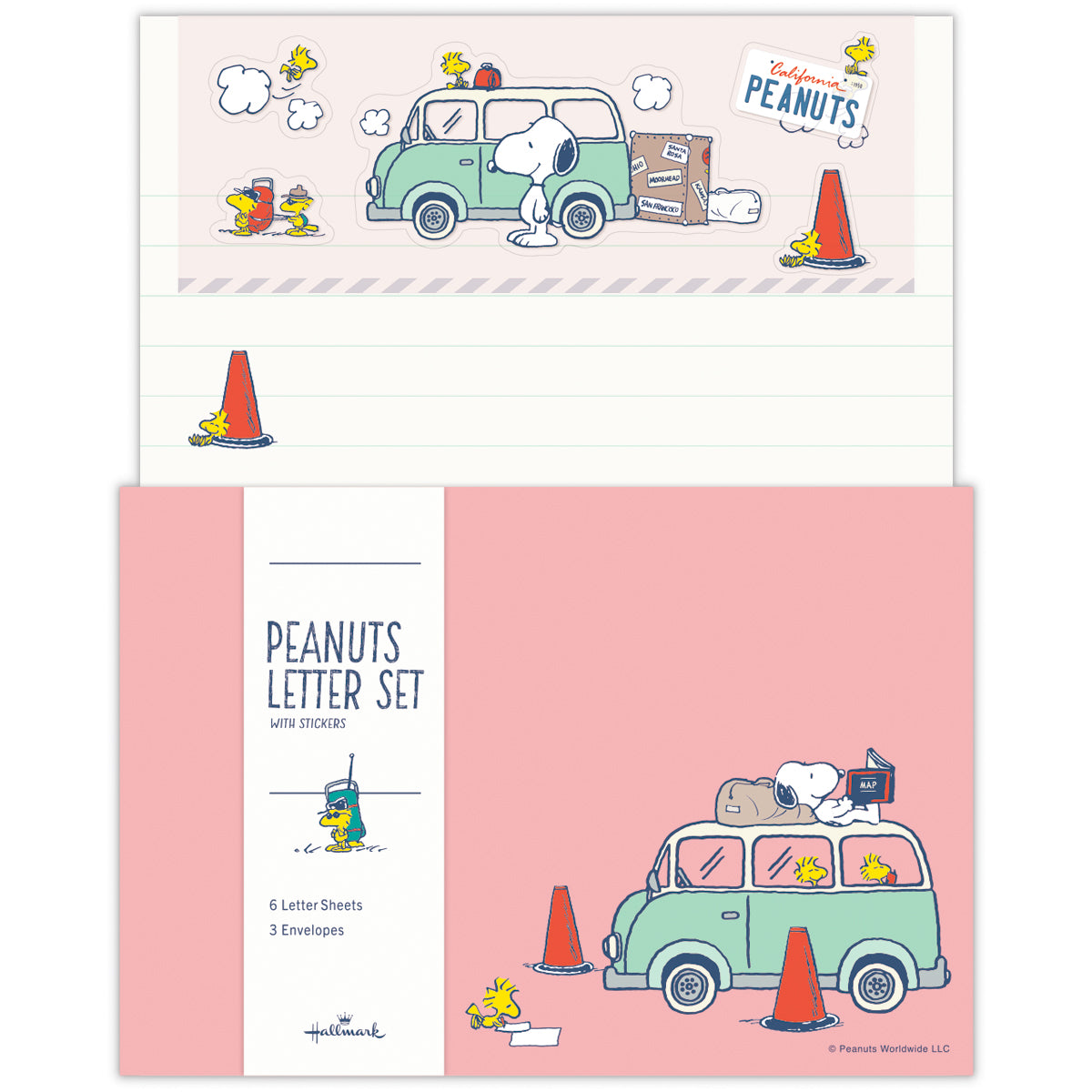 Main image shows the Peanuts letter set with a lined letter sheet and a pink envelope sleeve featuring Snoopy, Woodstock, and a green car.