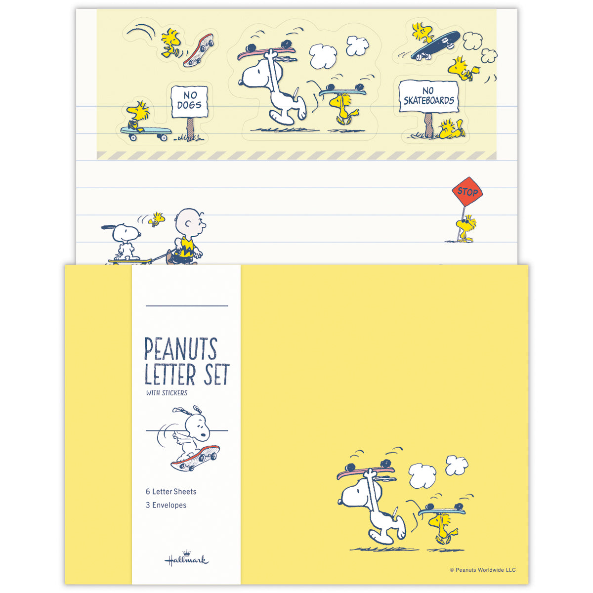 Yellow Peanuts letter set showing a letter sheet and matching envelope illustrated with Snoopy and Woodstock on a skateboard.