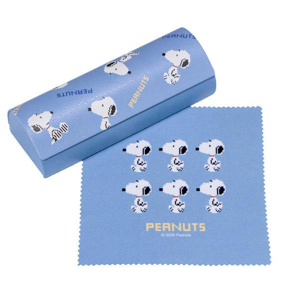 Light blue synthetic-leather eyeglass case with pixel Snoopy print shown next to a matching pixel Snoopy cleaning cloth.