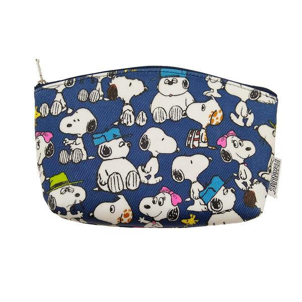 Blue cotton pouch printed with repeated Snoopy character illustrations and a top zipper.