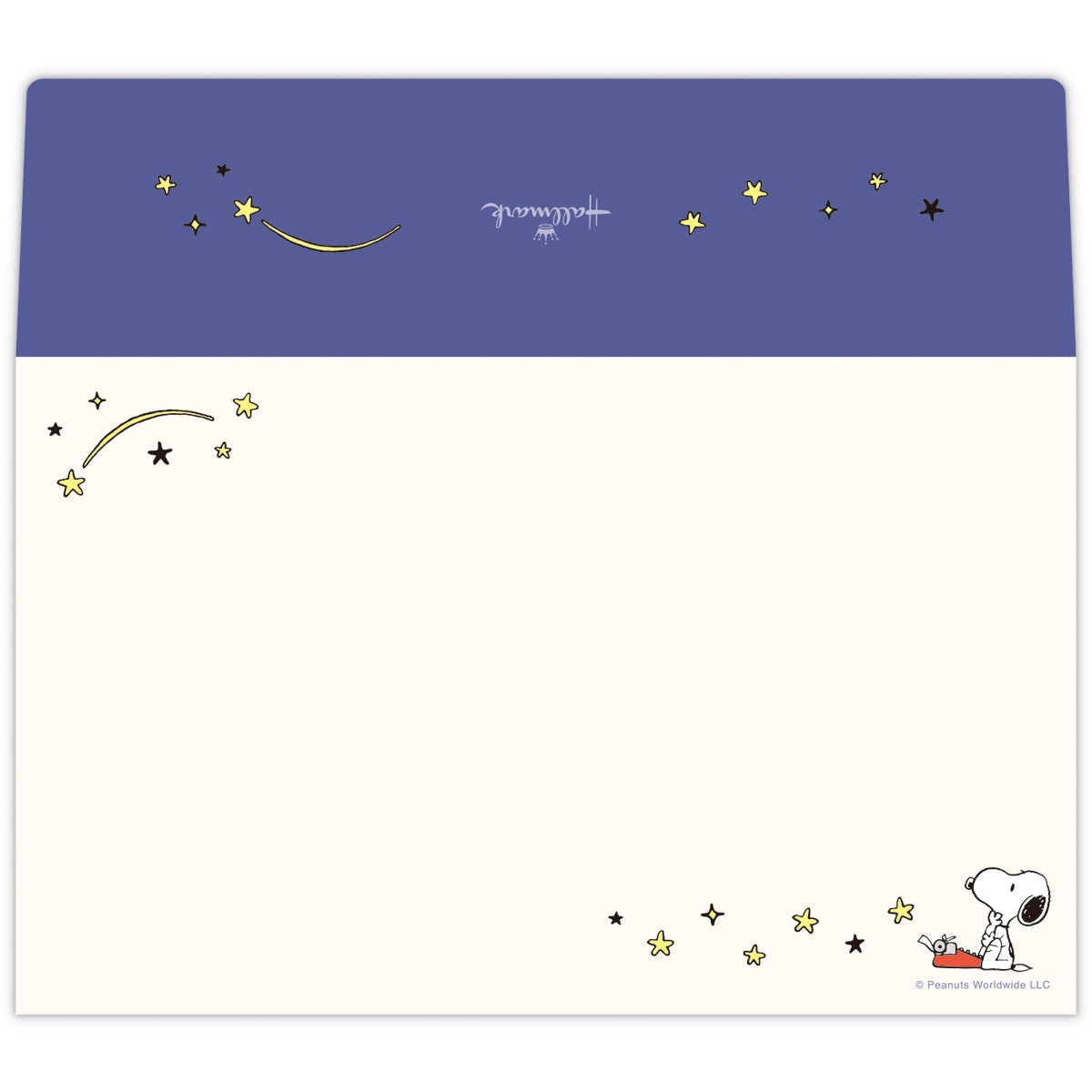 Envelope with a blue top flap and cream body decorated with scattered stars and a small Snoopy illustration in the lower-right.