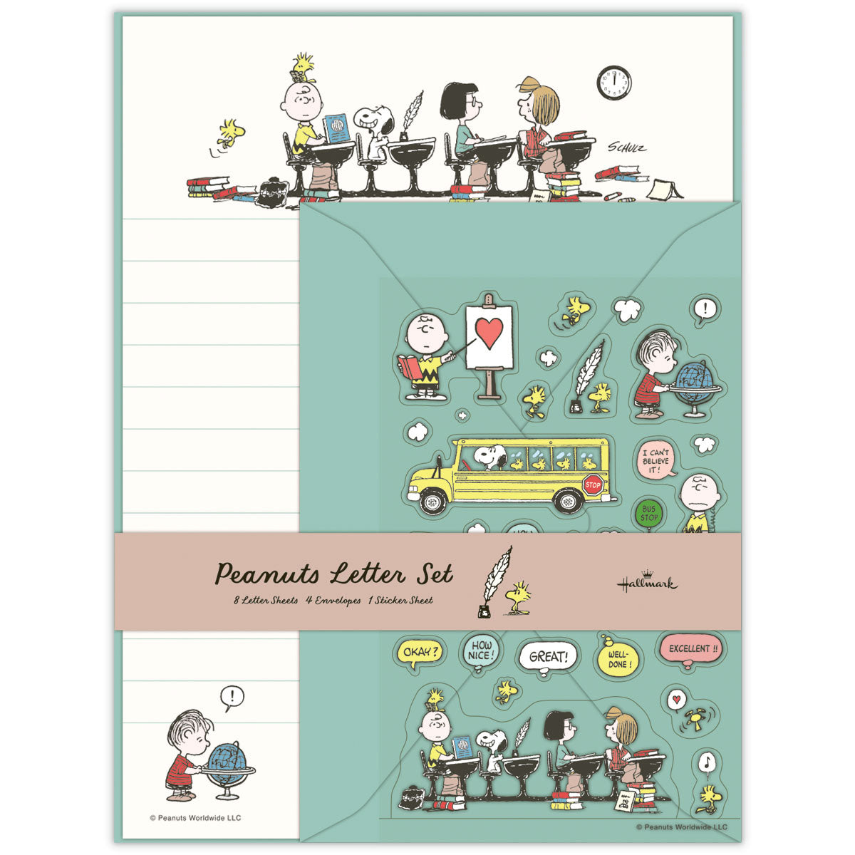 Peanuts-themed letter set showing lined writing paper, a green envelope, and a sticker sheet with Snoopy and friends.