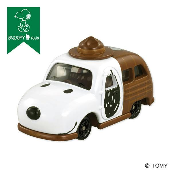 Snoopy-themed white and brown die-cast toy car with a brown detective hat on the roof.