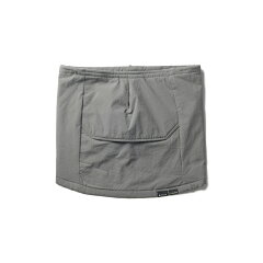 Grey insulated neck warmer laid flat with a front pocket, elastic top edge, and small bottom tag.