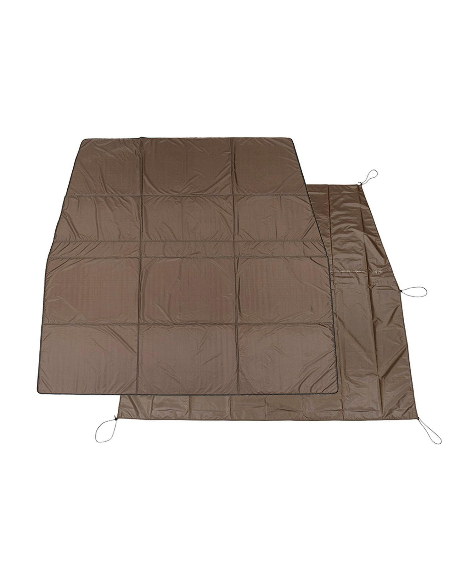 Brown ground sheet mat laid flat showing a quilted top surface, an overlapping mat section, and corner loop straps.