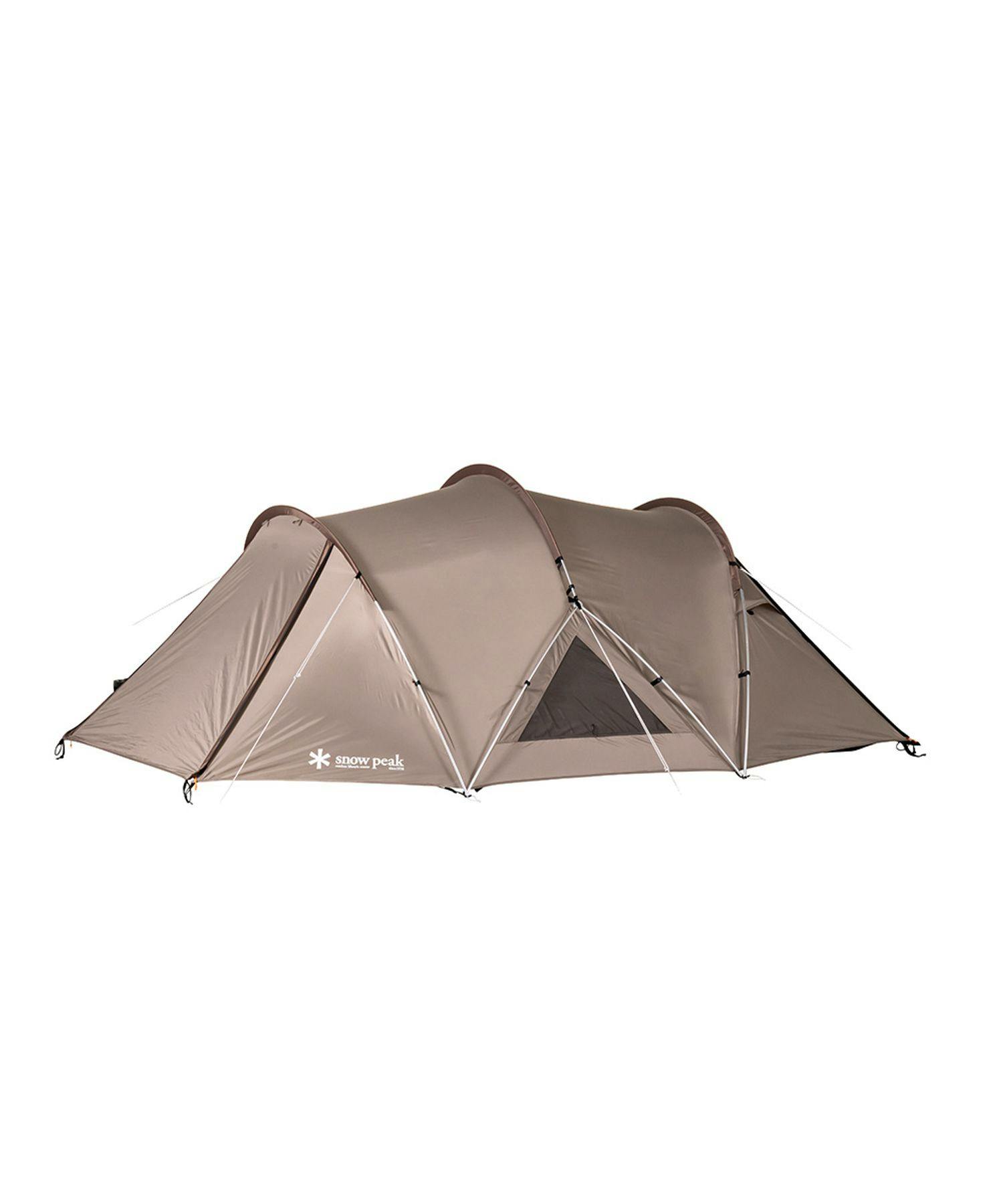 Assembled ランドネストドーム S tent in brown showing rainfly and support poles.