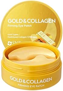 Yellow round jar labeled "GOLD & COLLAGEN Firming Eye Patch" showing two gold eye patches inside.