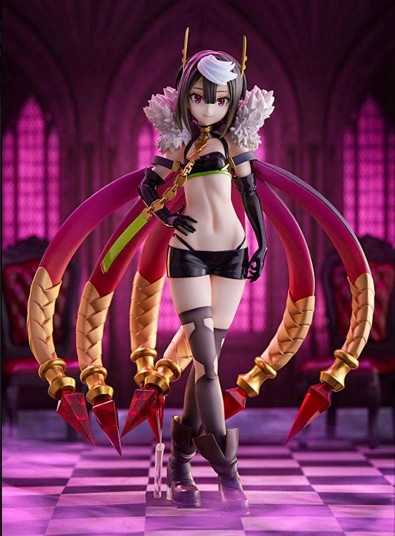 Full-body photo of the Ariel 1/7 figure from “蜘蛛ですが、なにか？” wearing a black bikini-style outfit with long pink segmented appendages, standing on a checkered floor background.