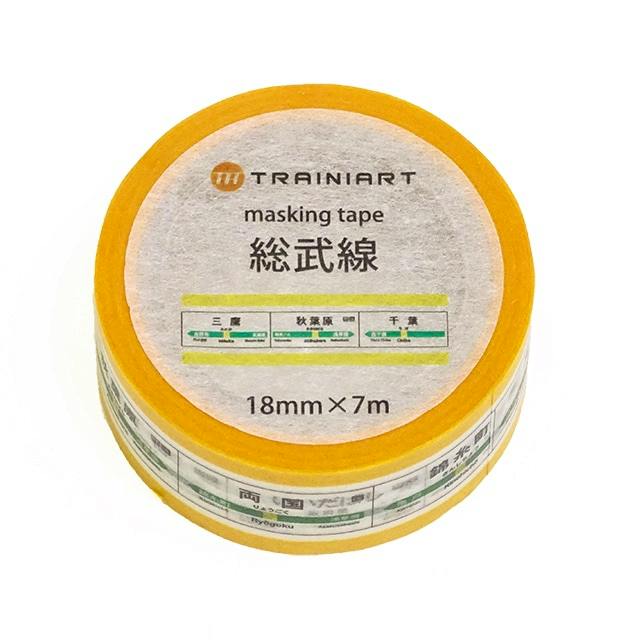 Top-down photo of a roll of masking tape labeled "総武線" with branding and 18mm × 7m dimensions.