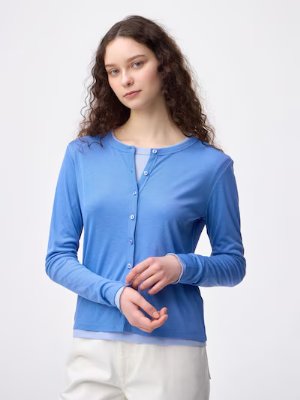 A model wearing a blue button-front cardigan with long sleeves.