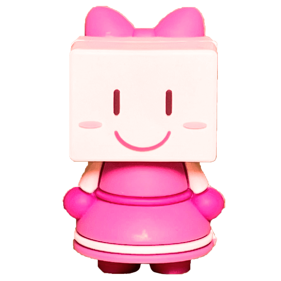 A pink-dressed USB mascot character with a cube-shaped smiling head on a black background.