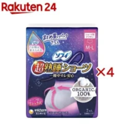Front of the product box for ソフィ 超熟睡ショーツ オーガニックコットン M-L 夜用 showing the package artwork and an “x4” quantity marker.