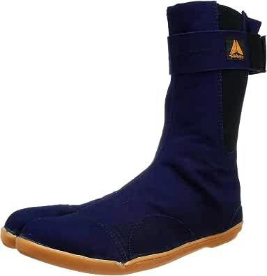 Side view of a Sokaido Twin Foods indigo-dyed tabi work shoe with split toe, ankle strap, and gum sole.