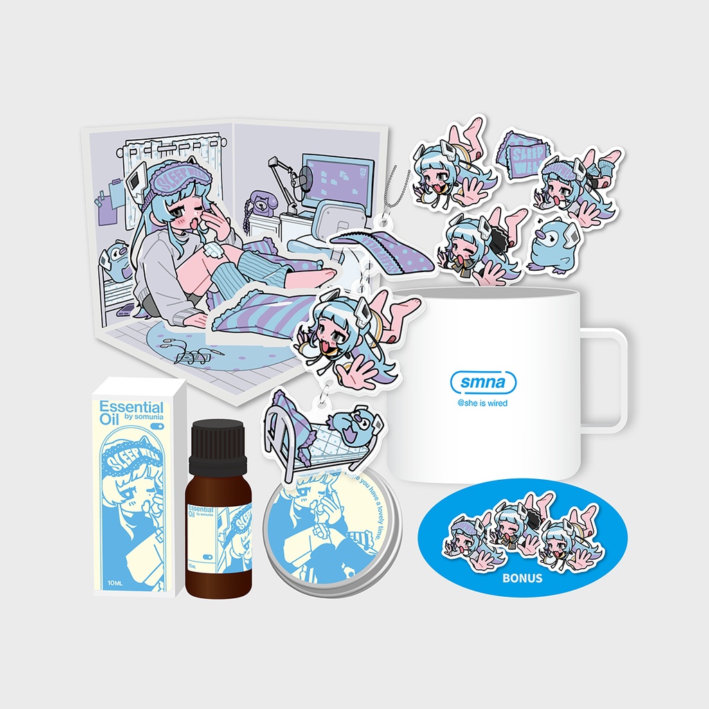 White ceramic mug with a blue "smna" logo shown alongside stickers, a small bottle, and other items from the somunia 8th Anniversary complete set.