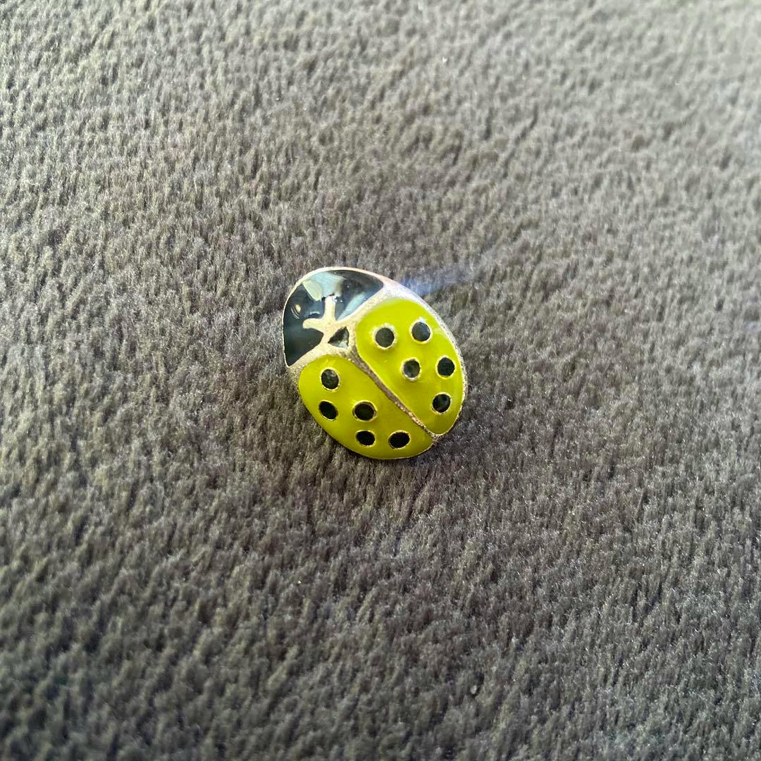 Front of a Sonia Rykiel pin badge shaped like a yellow and black ladybug on a gray textured fabric background.