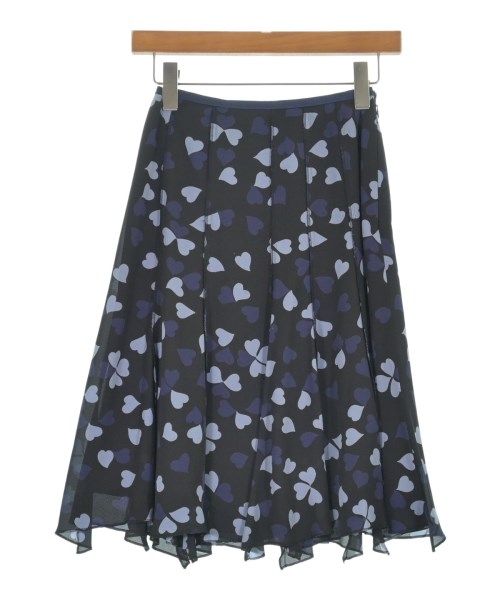 SONIA RYKIEL knee-length women's skirt with purple heart pattern hanging on a wooden hanger.