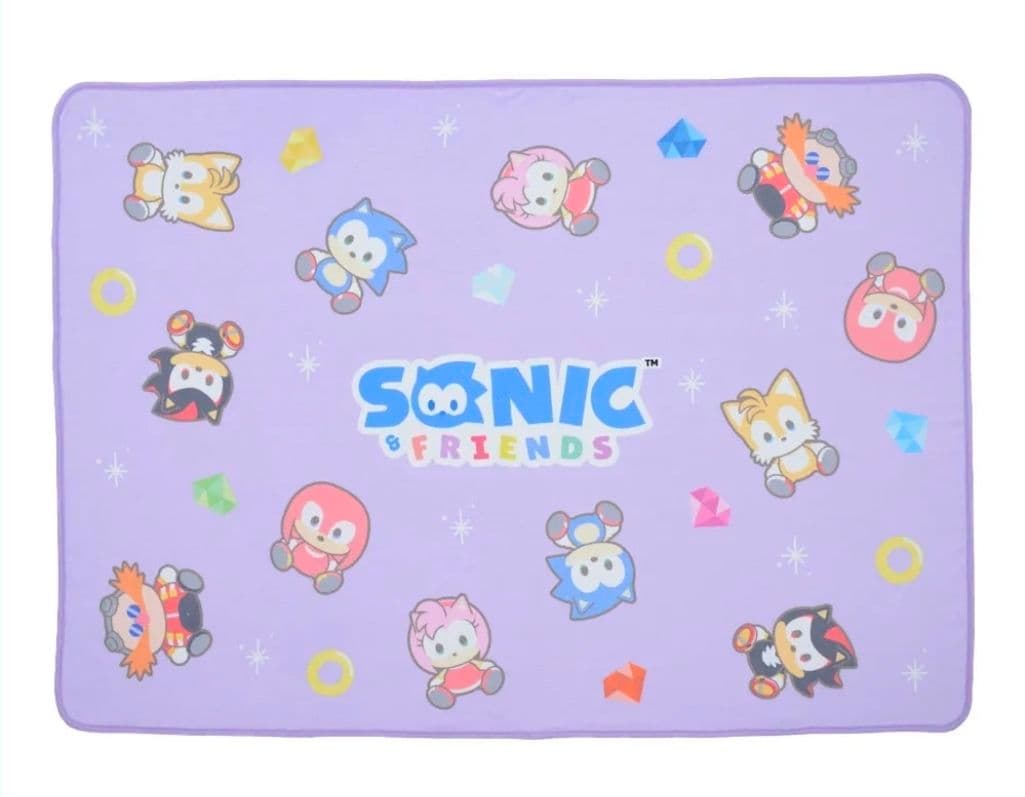 Lavender SONIC & FRIENDS polyester blanket with small character illustrations, rings, and gem motifs.