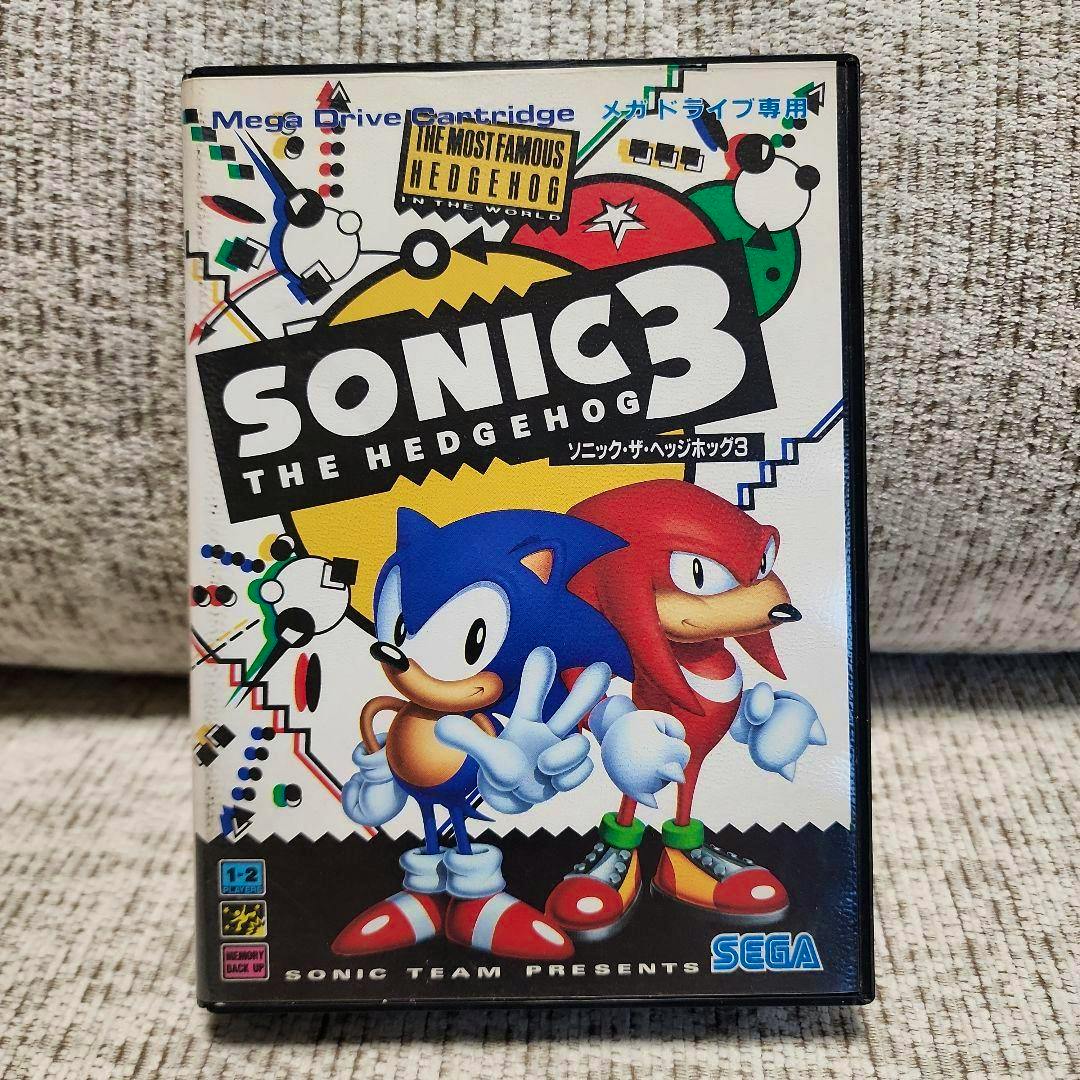 Front cover photo of the Japanese Mega Drive cartridge case for Sonic the Hedgehog 3 showing Sonic and Knuckles artwork and the SONIC 3 title.
