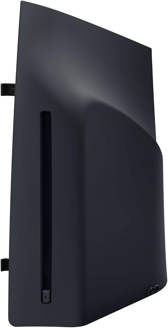 Front and side view of a midnight black disc drive unit for a game console showing the disc slot and outer casing.