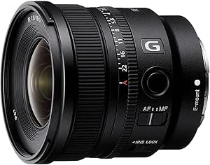 Sony FE 16mm F1.8 G wide-angle lens on a white background showing the focus ring, aperture scale, AF/MF switch, and lens mount.