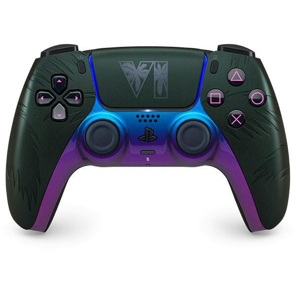 Front view of the PlayStation 5 DualSense wireless controller “Grand Theft Auto VI” Black Limited Edition showing the touchpad with a VI logo and a blue-to-purple gradient on the front.