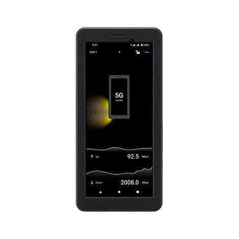 Front view of the SONY PDT-FP1 portable data transmitter showing its touchscreen with a 5G graphic and speed readings.