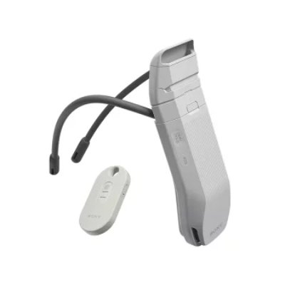 Light gray SONY REON POCKET PRO Plus wearable neckband cooling/warmer shown with its remote control.
