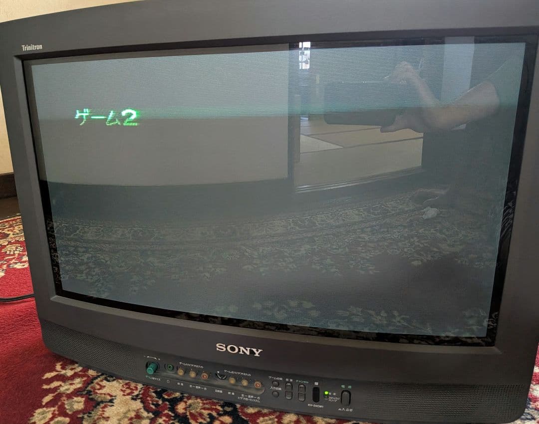 Front view of a Sony Trinitron 24-inch CRT monitor powered on showing green Japanese text on the screen and control buttons on the front bezel.