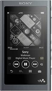 Front view of the gray-black Sony NW-A55B Walkman showing its touchscreen with a music player interface.