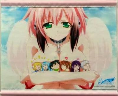 B3 tapestry showing Ikaros with wings holding a row of chibi characters across her chest against a sky background.