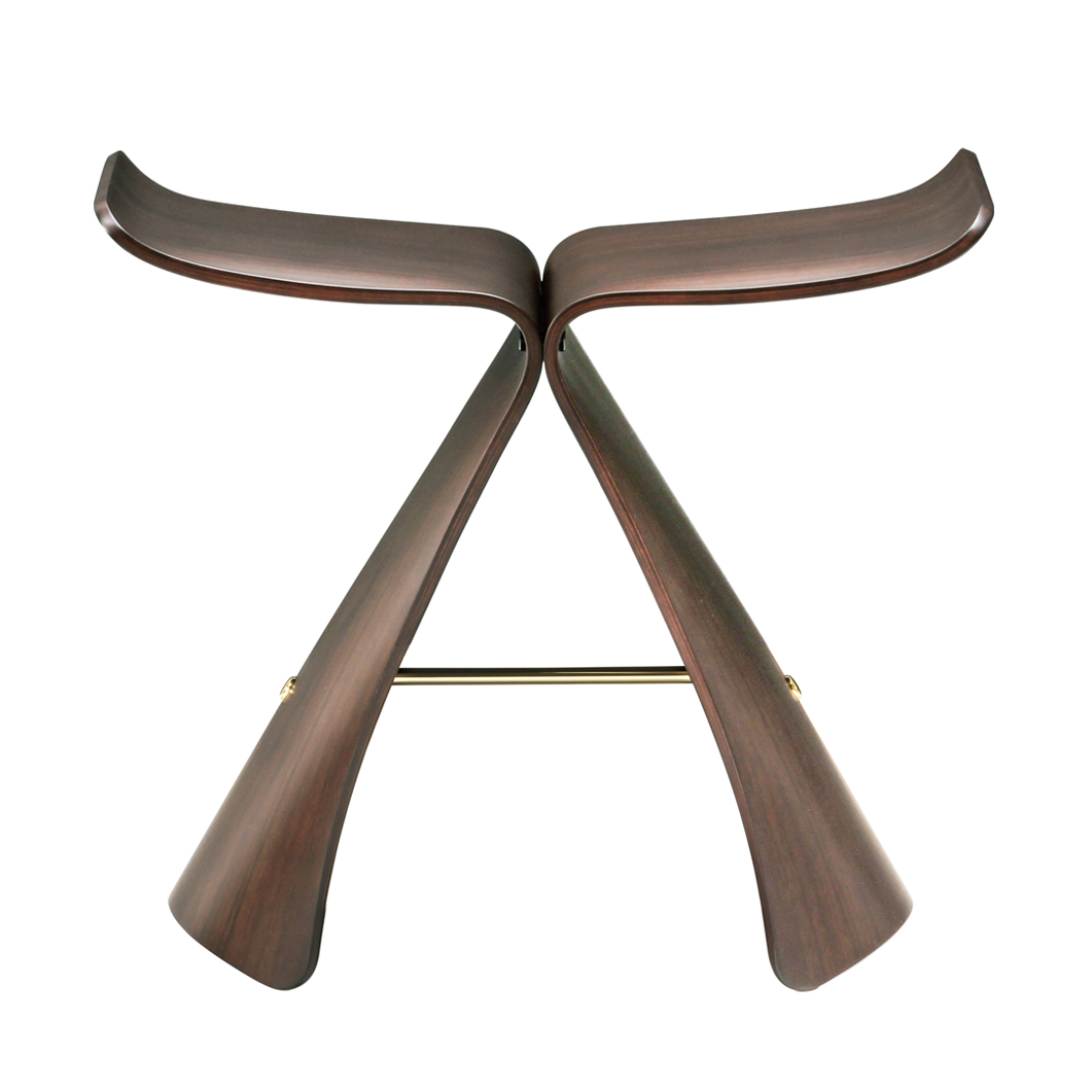 Rosewood butterfly stool seen from the front showing the curved twin seats, crossed wooden legs, and metal connecting bar.
