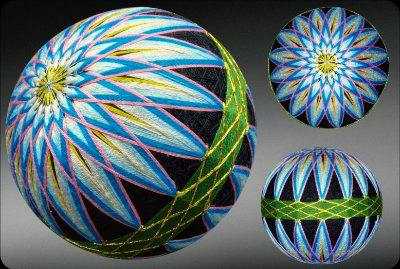 Three views of a black-ground decorative temari ball with blue and green embroidered star patterns.