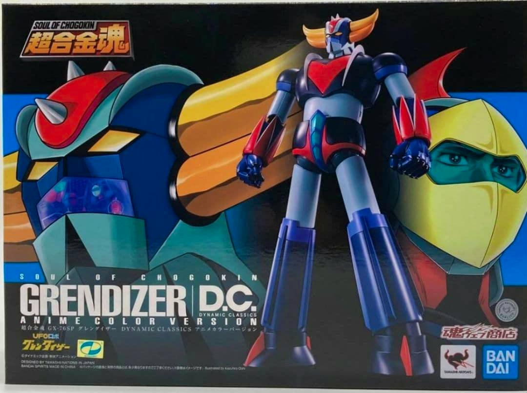 Box art for the 超合金魂 GX-76SP グレンダイザー アニメカラーver.& GX-76X3 figure showing the Grendizer robot illustration and product logos.