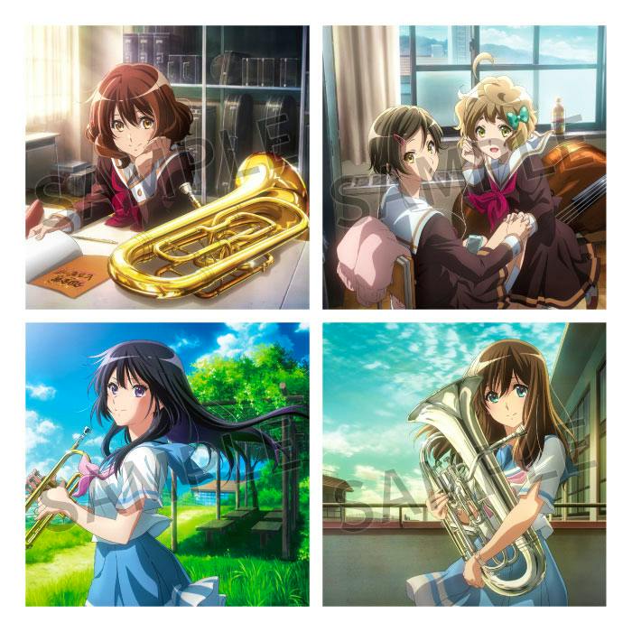 A composite image of four art postcards from Hibike! Euphonium showing female characters holding brass instruments in indoor and outdoor scenes.