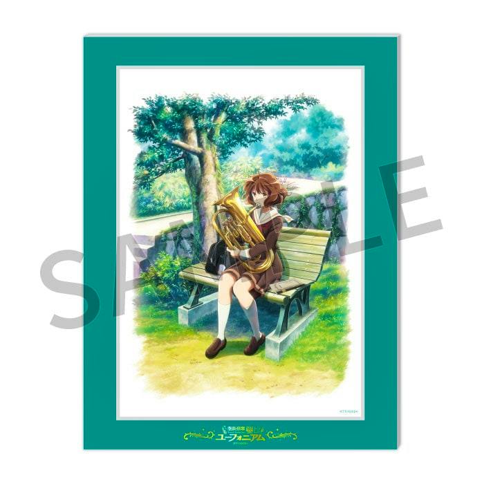 Illustration board depicting an anime-style schoolgirl sitting on a park bench holding a euphonium with a teal border.
