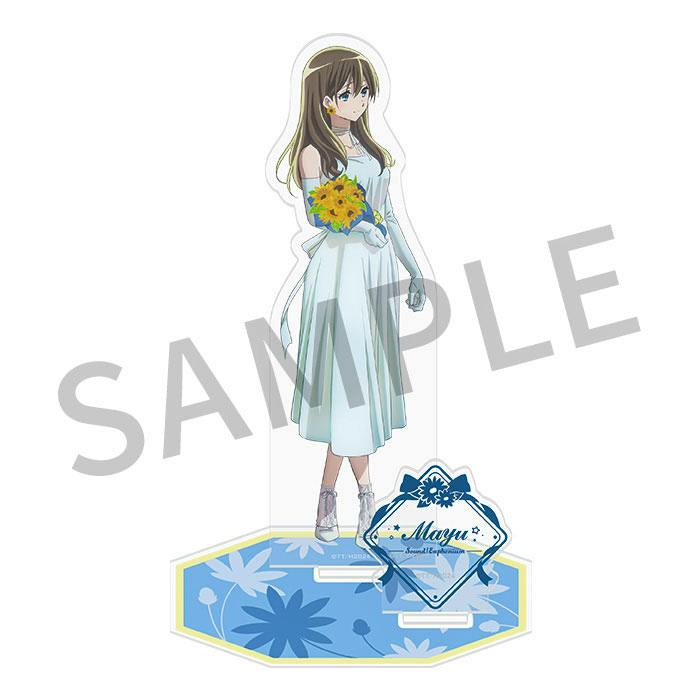 Acrylic stand depicting Mayu in a pale blue dress holding a bouquet of sunflowers, shown with a blue patterned base.