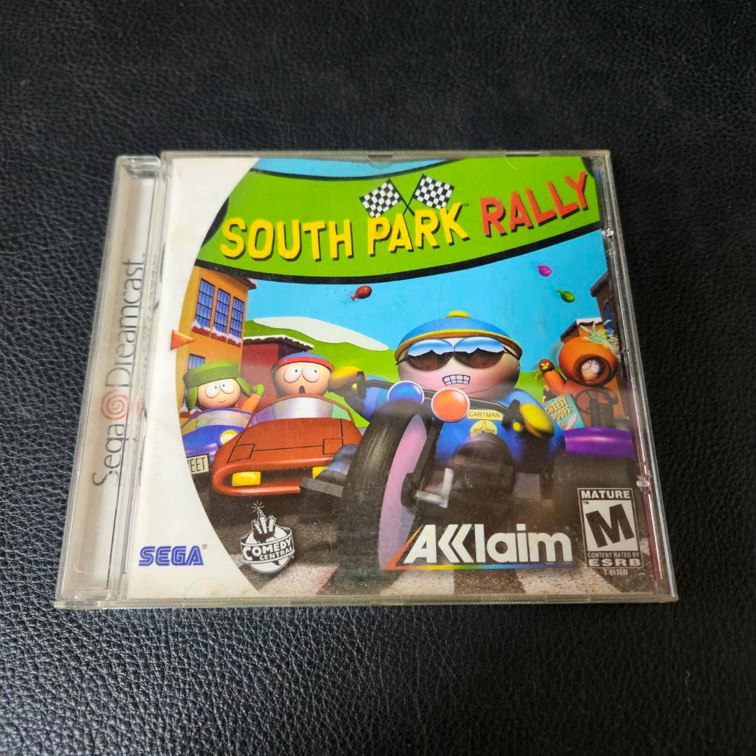 Photo of the front cover of the Sega Dreamcast North American jewel case for the game South Park Rally showing character artwork and publisher logos.