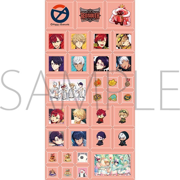 A sheet of pink tile-style plastic stickers showing small character portraits, icons, and chibi figures with a visible "SAMPLE" watermark.