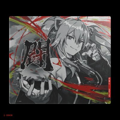 A rectangular mouse pad displaying a grayscale anime-style character with red and yellow brushstroke accents.