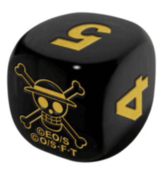Close-up of a black six-sided die featuring gold numerals and a gold skull-and-crossbones emblem.