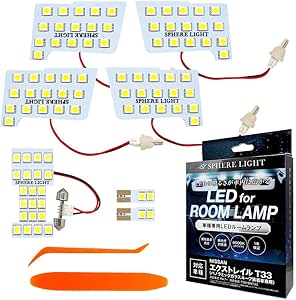 Multiple white LED lamp panels with attached red wires, two orange plastic trim tools, and the Spherelight retail box for the Nissan X-Trail T33 LED room lamp set.