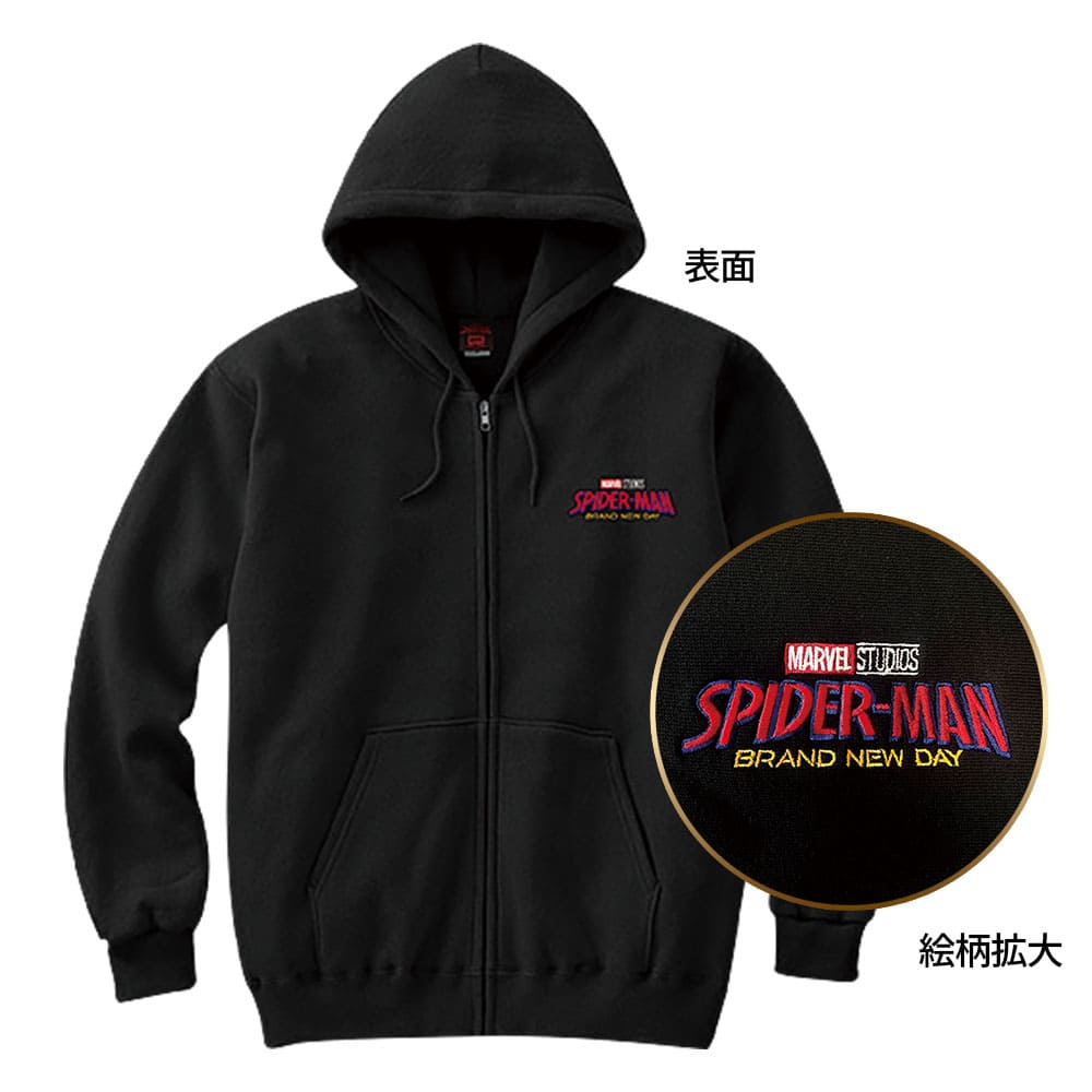 Front view of a black men's zip-up cotton hoodie (スパイダーマン：ブランド・ニュー・デイ パーカー) with a small Spider‑Man "Brand New Day" chest logo and a circular close-up of the embroidery.