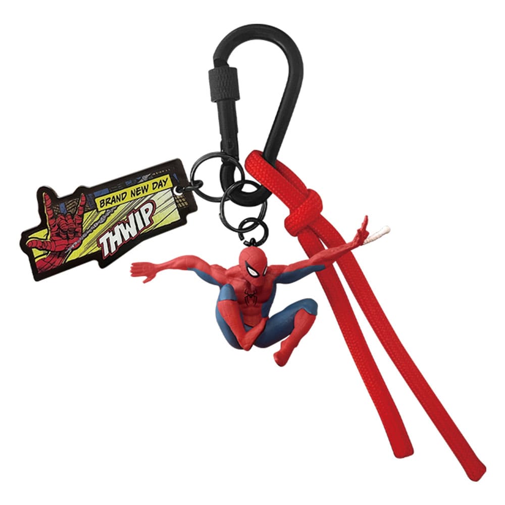 Spider-Man mascot keychain showing a small Spider-Man figure, a "Brand New Day" tag, red cords, and a black carabiner-style clip.
