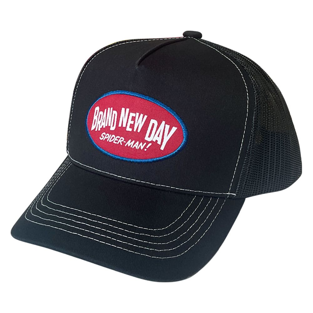 Black cotton mesh baseball cap with an oval red-and-blue patch reading "Brand New Day Spider-Man!" on the front.